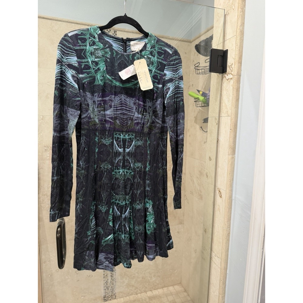 Nicole Miller Artelier Green Purple Diamond Long Sleeve Cocktail Dress Large NEW